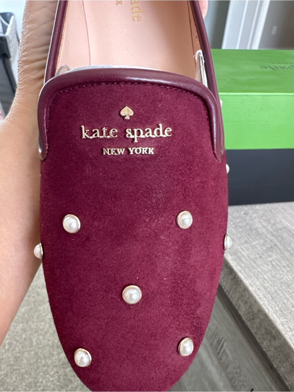 kate spade Burgundy Pearl-Studded Suede Loafers